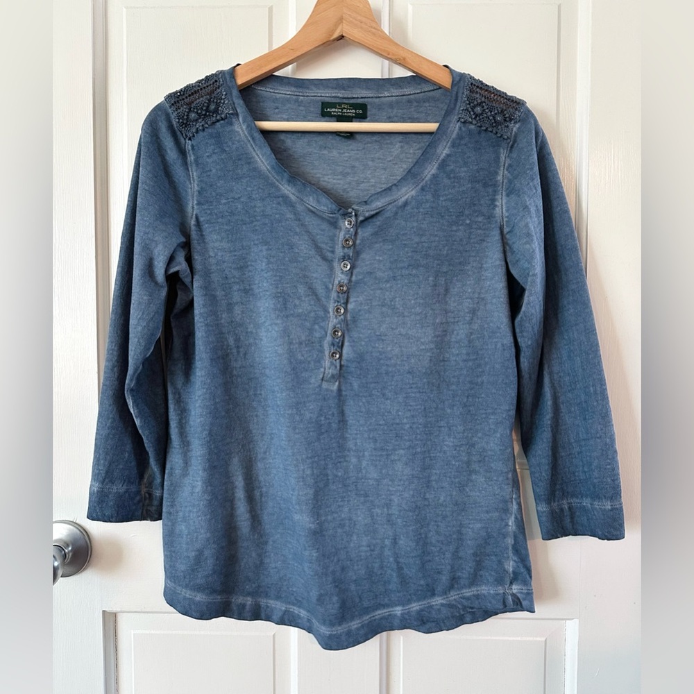 LRL Ralph Lauren Jeans Co. Blue 3/4 Sleeve Cotton Henley Boho Embroidered Size M